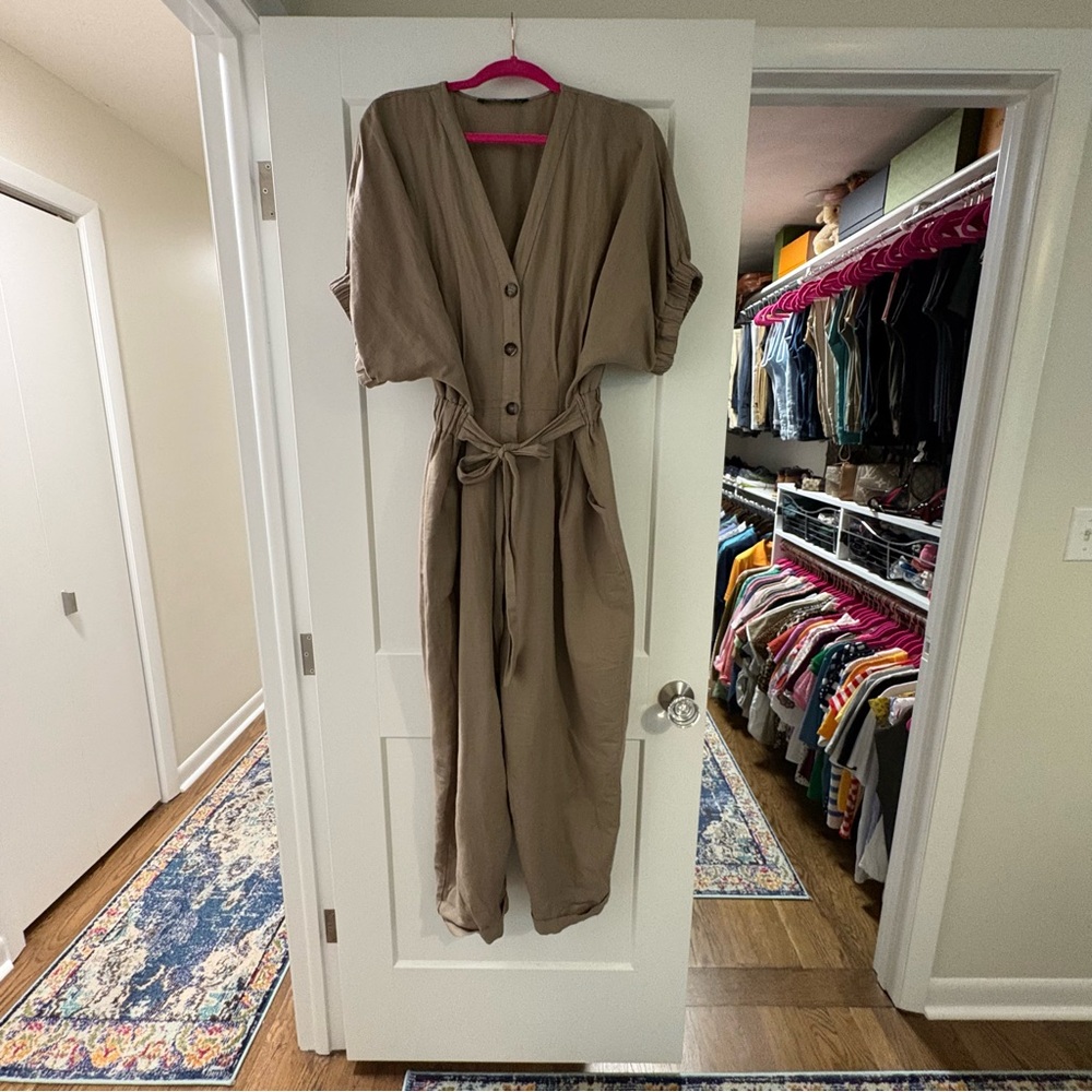Zara relaxed fit linen blend jumpsuit with wide leg and belted waist.